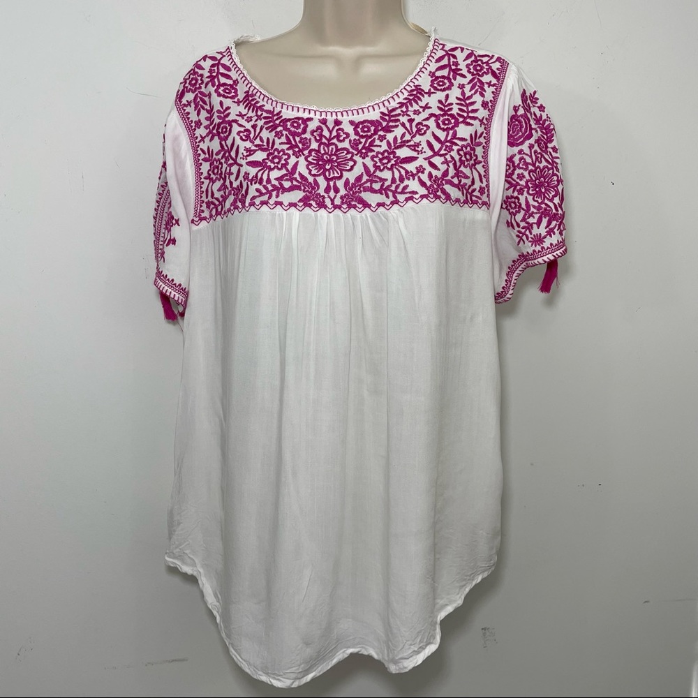 Savanna Jane embroidered boho peasant blouse top pink white size Large L
